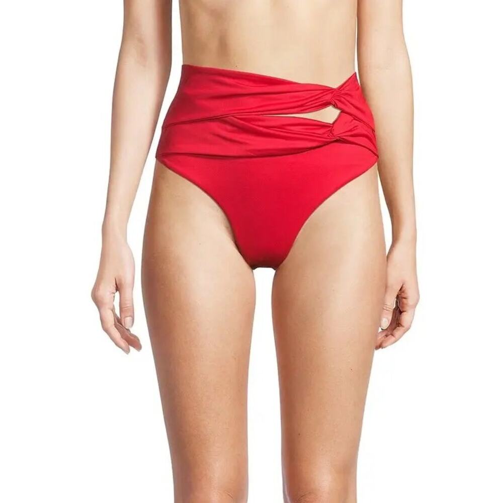 NEW Agua Bendita Brina Ruched Cut Out High Waisted Red Bikini Bottom Size 8 Lg